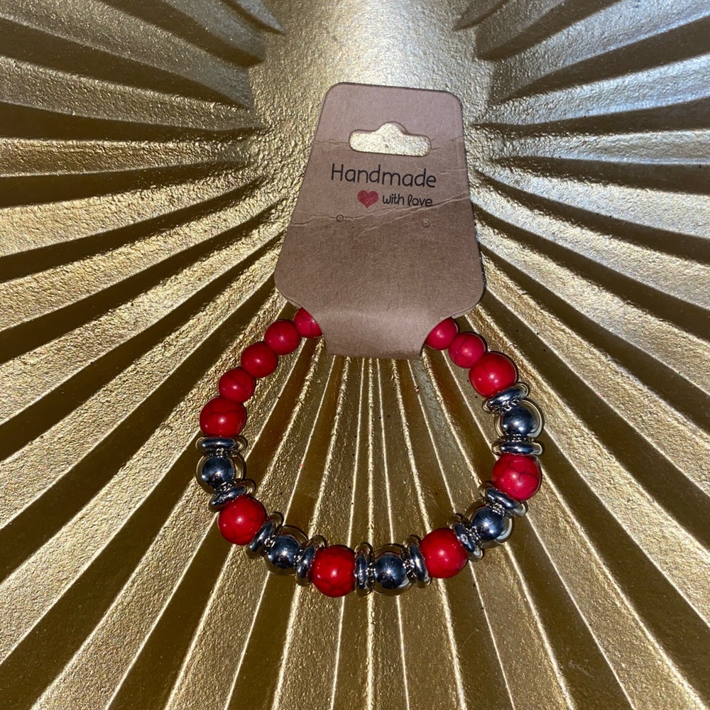 Red and Silver Beaded Bracelet